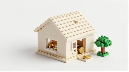 Obraz premium Lego house filled with gold coins, small tree beside it.