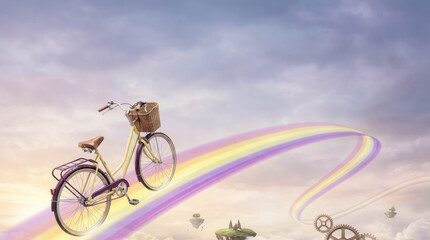 Fototapeta premium Vintage bicycle floats atop a glowing rainbow trail. Gear-like shapes drift gently in the sky. Soft pastel clouds stretch behind the scene. Dreamy, whimsical, and serene atmosphere prevails