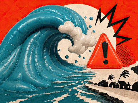 Global warming sea level rise collage featuring an enormous shiny plastic water wave crashing onto a shoreline town