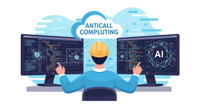 Man in hard hat working on computers with AI and cloud computing.
