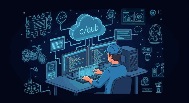 Programmer Working on Computer Systems Connected to Cloud.