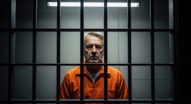 Portrait of a prisoner behind bars in a jail cell