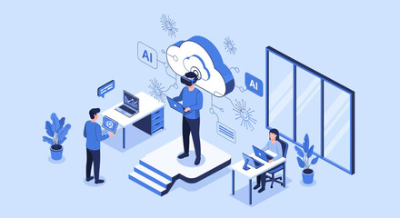 Naklejka premium People interacting with virtual reality and artificial intelligence in a modern office setting.