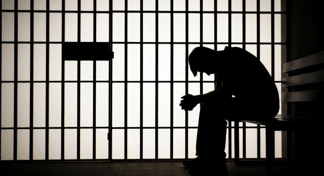 Silhouette of a depressed prisoner sitting on a bench in a jail cell
