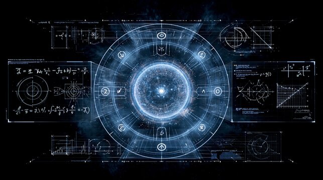 A glowing artificial intelligence core analyzing complex equations on transparent panels, focused mood, cool lab lighting, symmetrical composition with symbols, graphs, and circuit patterns.