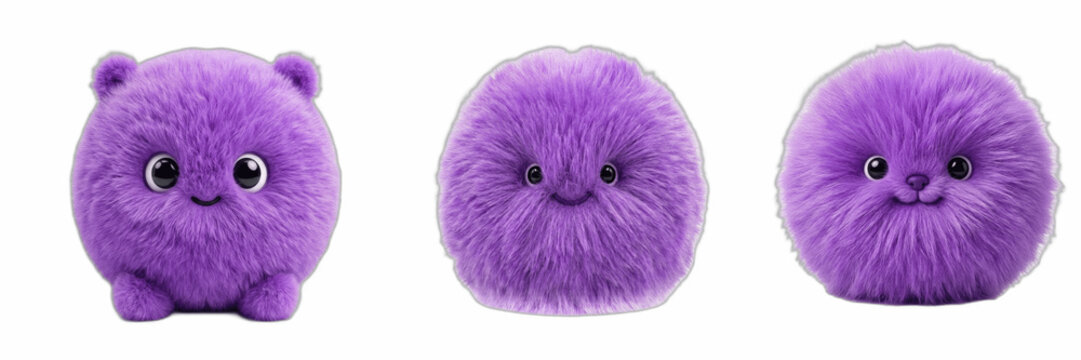 Set of Three Cute Purple Fluffy Creatures Round Soft Toys with Furry Texture and Friendly Smiles Isolated on White Background for Children Design and Whimsical Digital Art Projects