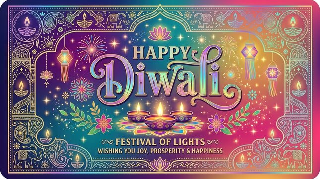 Diwali Greeting Card Design with Traditional Oil Lamps and Decorative Floral Patterns for Indian Festival of Lights Celebration and Cultural Holiday Wishes
