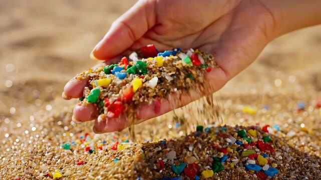 Hand holding colorful microplastics mixed with sand on polluted beach. Perfect for environmental campaigns, ecological education, pollution awareness