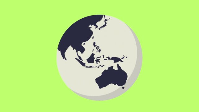 Minimalist flat vector illustration of Earth globe showing Asia and Australia on a green background