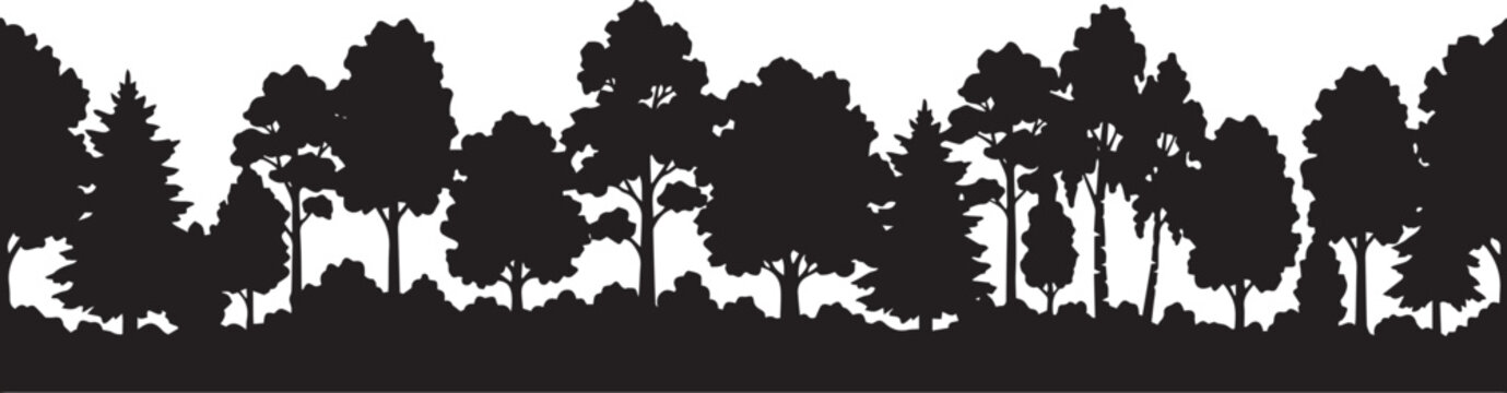 Black silhouette of a forest trees border isolated on white background