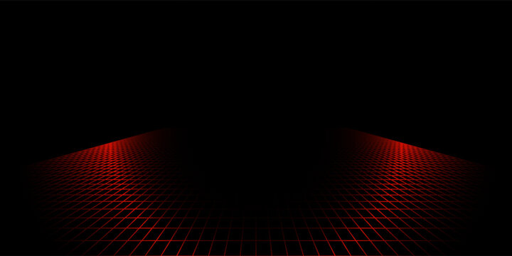 Red glowing neon wireframe background. Shining diagonal checkered grid planes in perspective. Retro futuristic depth wallpaper. Arcade game sci fi matrix surface backdrop for poster, banner. Vector