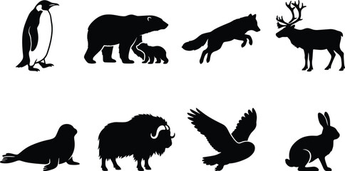 Obraz premium Arctic and Antarctic Polar Animals Silhouette Icon Set Vector Illustration Isolated on White Background