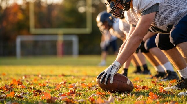 American football player hands on ball at scrimmage line on autumn field, high school athlete preparing for play, fall sports season concept, competitive team training