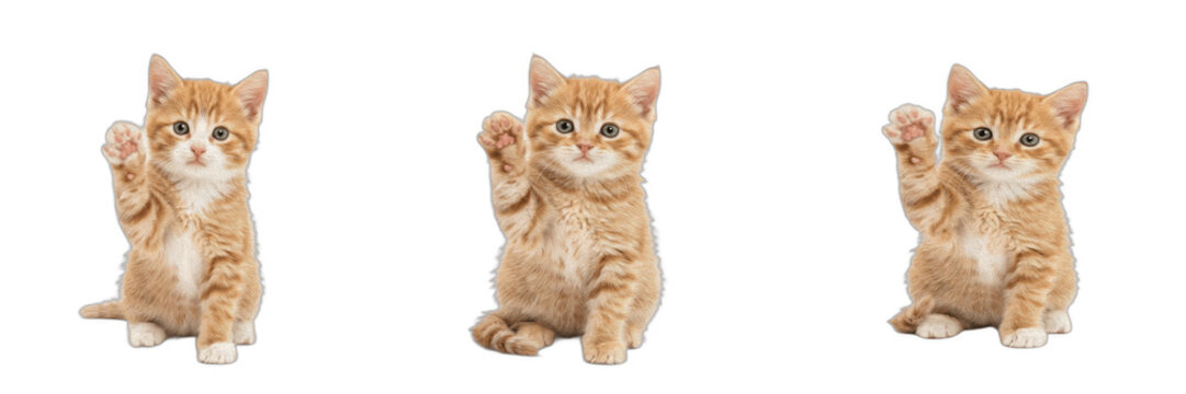 Cute ginger kitten set isolated on transparent background. Adorable baby tabby cat waving paw in sitting pose. Perfect clipart element for pet lovers, animal stickers, kids designs, greeting cards, an