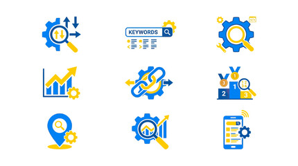 Fototapeta premium SEO Optimization Icons: Analytics, Keywords, Links, Ranking, Location, Mobile