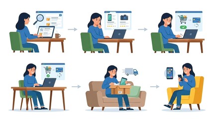 Fototapeta premium Step-by-Step Infographic of a Woman Shopping Online, from Product Search to Delivery and Unboxing