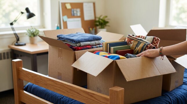 College student packing cardboard boxes on bed in dorm room for moving day, young adult preparing for university relocation, lifestyle concept of student life and transition