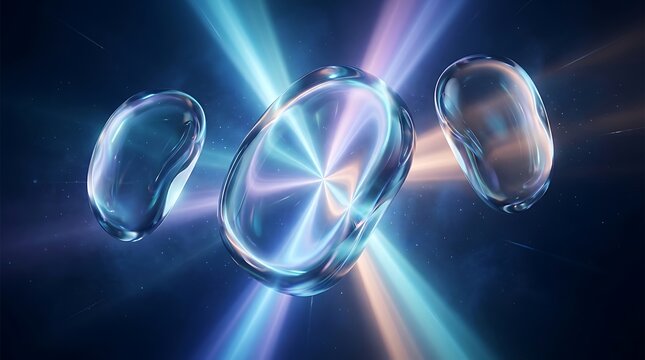 Abstract 3d glass shapes with glowing light rays in deep space