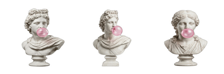 Greek statue bust with bubblegum set isolated on transparent background. Creative vaporwave aesthetic marble sculptures chewing pink gum for modern streetwear fashion design, surreal collage art, and  © Qari