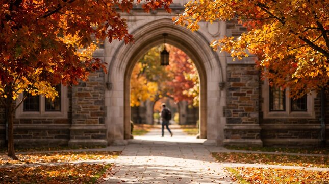 Student walking through stone archway on university campus during autumn season, collegiate gothic architecture with fall foliage, concept of higher education and academic success