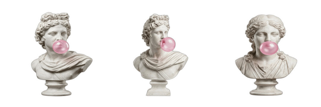 Greek statue bust with bubblegum set isolated on transparent background. Creative vaporwave aesthetic marble sculptures chewing pink gum for modern streetwear fashion design, surreal collage art, and 