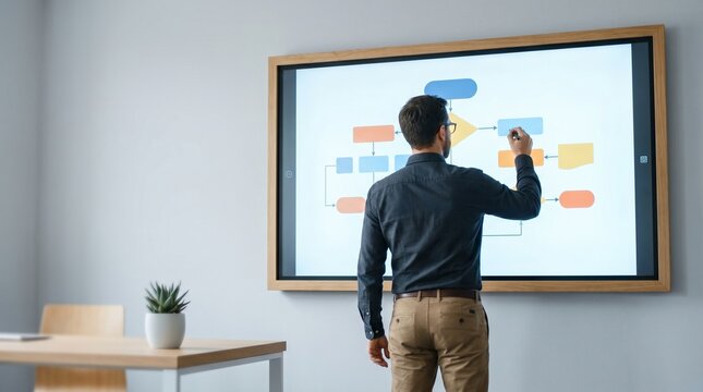 Professional Caucasian man in business casual attire drawing a complex workflow diagram on a large interactive digital whiteboard in a modern corporate office