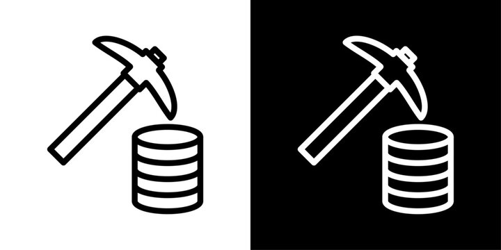AI data mining icon featuring pickaxe and database representing intelligent data extraction, analytics, and machine learning.