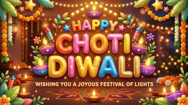 Happy Choti Diwali Greeting Card Design with Colorful 3D Typography and Traditional Oil Lamps for Festive Indian Celebration Background and Social Media Post