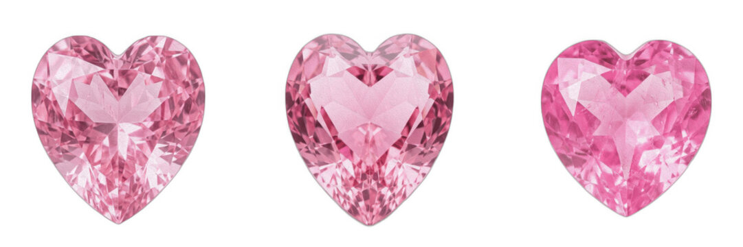 Pink Heart Shaped Diamond Set, Crystal Gems and Luxury Sapphire Faceted Hearts, Isolated Rhinestone Jewel Clipart for Valentine's Day, Wedding invitations, Luxury Jewelry Branding, and Romantic Design