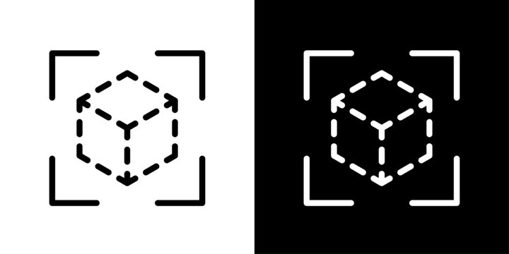 AI object recognition icon featuring scanned wireframe cube representing computer vision, 3D detection, and intelligent image analysis.