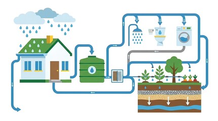 Naklejka premium Sustainable Rainwater Harvesting and Greywater Recycling System for Eco-Friendly Residential House