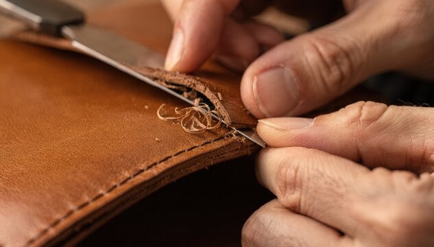 Closeup medium shot focusing on leather edge skiving for handmade wallets showcasing delicate trimming process and the rich grain of soft leather material.