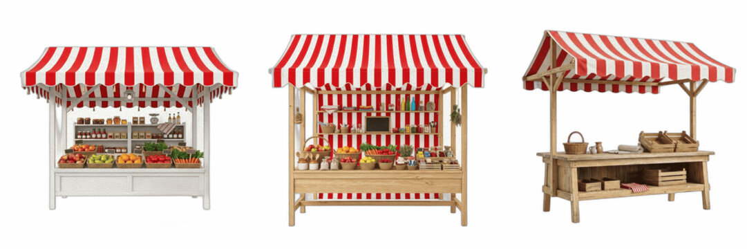 Wooden Market Stall Set with Red and White Striped Awnings, Empty and Fruit Filled Street Vendor Kiosks, Isolated Grocery Stand Graphics for Farmers Market, Fair, Carnival, and Local Shop Designs PNG 