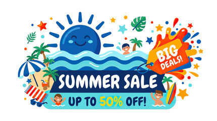 Fototapeta premium Summer Sale Big Deals Up to 50% Off - Happy Sun, Beach, People Swimming, Palm Trees, Surfboard