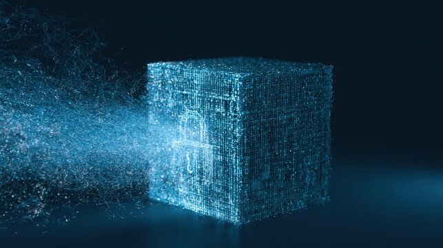 A glowing digital lockbox with streams of light flowing secure