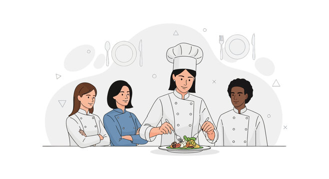 Diverse culinary team in chef uniforms preparing and presenting gourmet food, vector illustration.