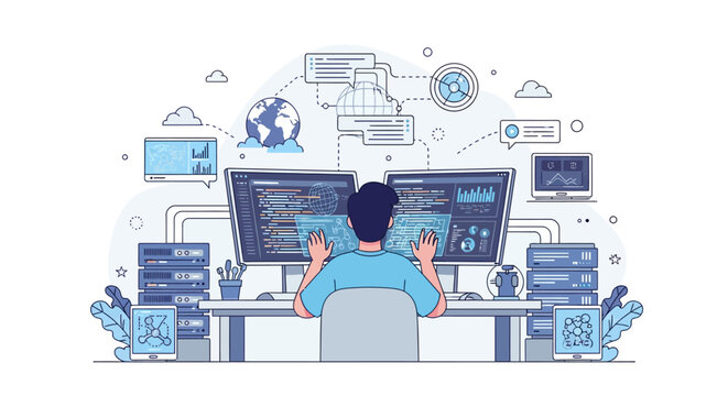 Programmer working on multiple computer screens with code and data visualizations.