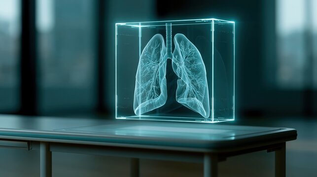 A glowing holographic lung scan floating above a clean diagnostic