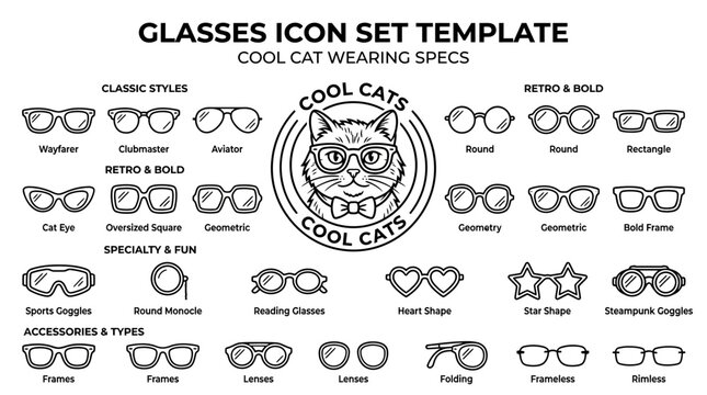 Cool Cat Wearing Glasses Icon Set Template - Vector Illustration