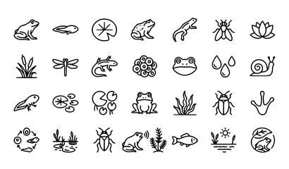 Fototapeta premium Frog and Amphibian Outline Icon Collection Editable Stroke Vector Set