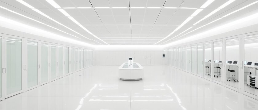 Symmetrical white sci fi laboratory interior with central futuristic terminal station
