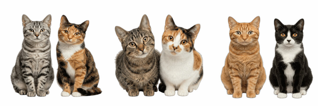 Cute Domestic Cat Pairs Set isolated on White Background - Three Kitty Couples Pack featuring Tabby Calico Ginger and Tuxedo Felines, Realistic Pet Animal Clipart PNG, Sweet Companion Graphic Element 