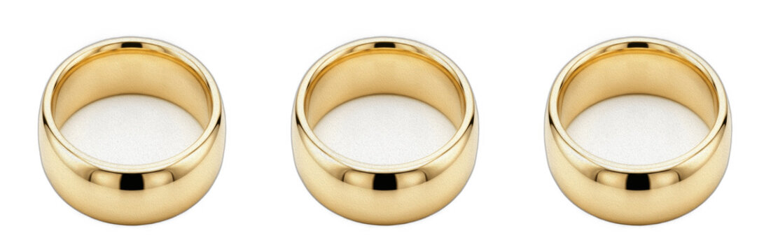 Gold Wedding Bands Set isolated on White Background - Three Classic Golden Marriage Rings Pack, Realistic Jewelry Clipart PNG, Premium Engagement Valentine Graphic Element Collection for Romantic Desi