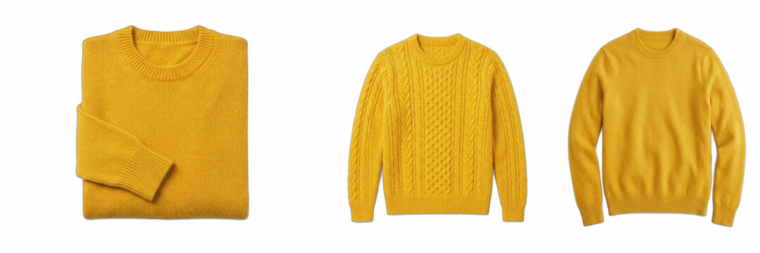 Yellow Knit Sweater Set, Folded and Flat Lay Mustard Wool Crewneck Pullovers, Cable Knit and Soft Cotton Winter Fashion Tops, Isolated Apparel Mockup Graphics for E-commerce Retail Store and Clothing 