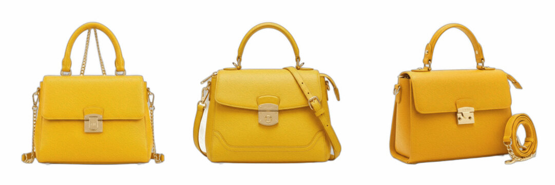 Yellow Leather Handbags Set isolated on White Background - Three Fashion Women Top Handle Purses Pack, Realistic Designer Satchel Bags Clipart PNG, Premium Elegant Female Luxury Accessory Collection f