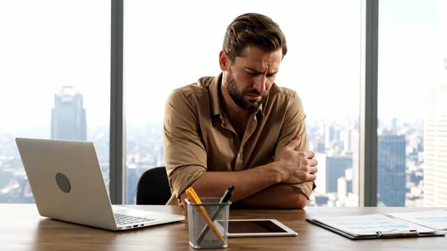 Young businessman suffering from elbow pain while working at his office desk with laptop and city view.