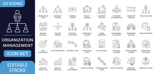 Naklejka premium Organization management line icon set. Featuring business leader corporate strategy, project manager planning, and teamwork workflow in editable stroke line art.