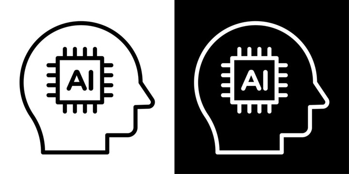 AI human head icon featuring brain chip representing artificial intelligence, smart thinking, and machine learning.