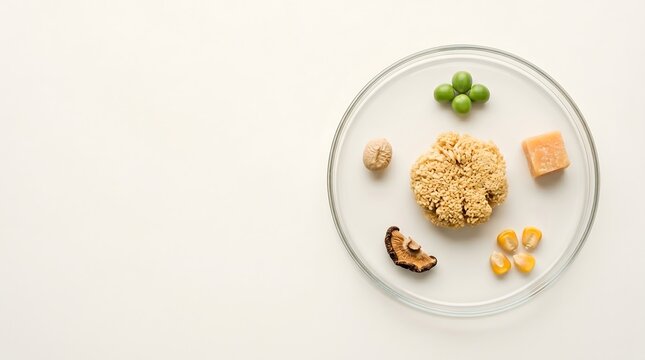 Wheat germ at center of glass petri dish with spermidine-rich foods soybean cheese peas mushroom corn in radial formation on white surface, spermidine longevity autophagy epigenetic nutrition science 