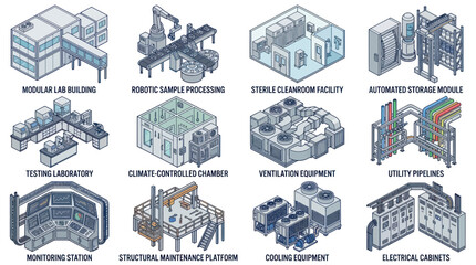 Obraz premium Collection of Industrial and Scientific Facility Modules.